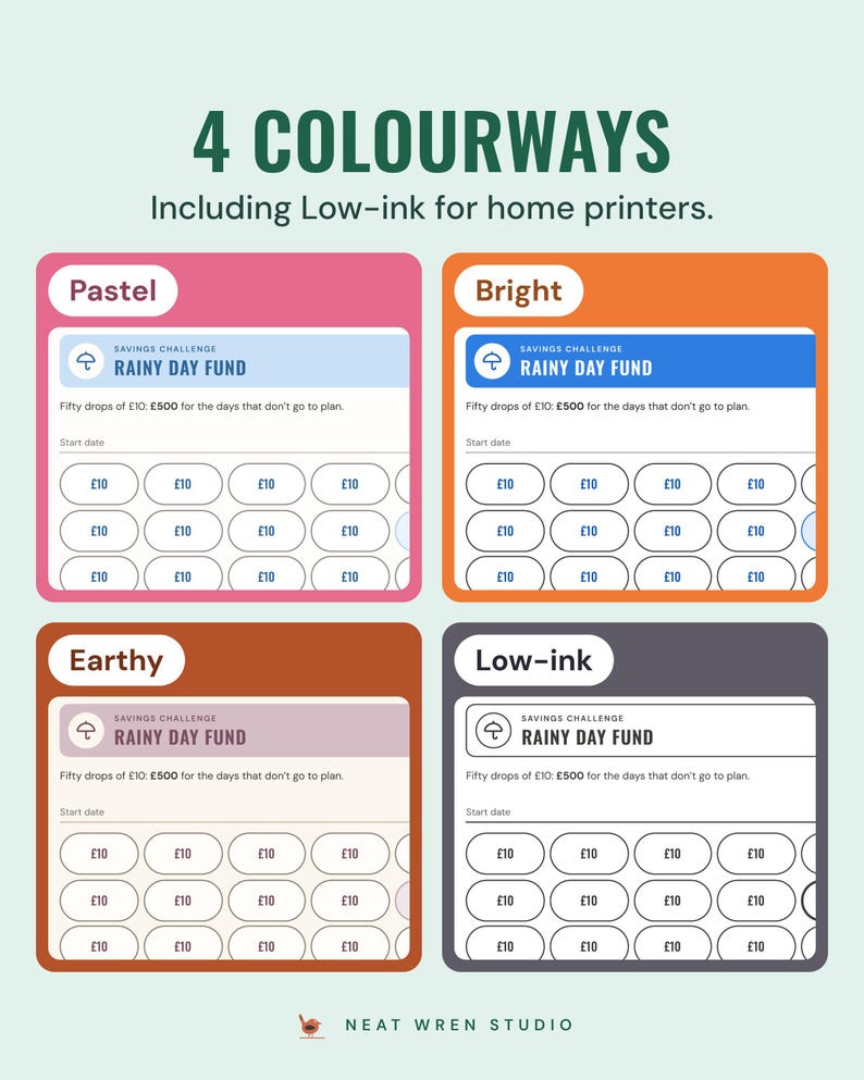 The A6 rainy day fund insert in Pastel, Bright, Earthy and Low-ink colourways.