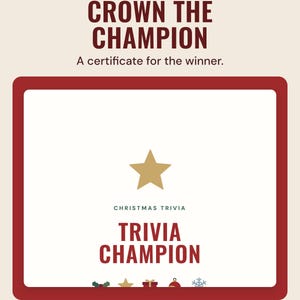 A Trivia Champion certificate with a gold star, under the headline Crown the champion, and the line A certificate for the winner.
