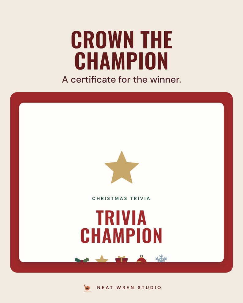 A Trivia Champion certificate with a gold star, under the headline Crown the champion, and the line A certificate for the winner.