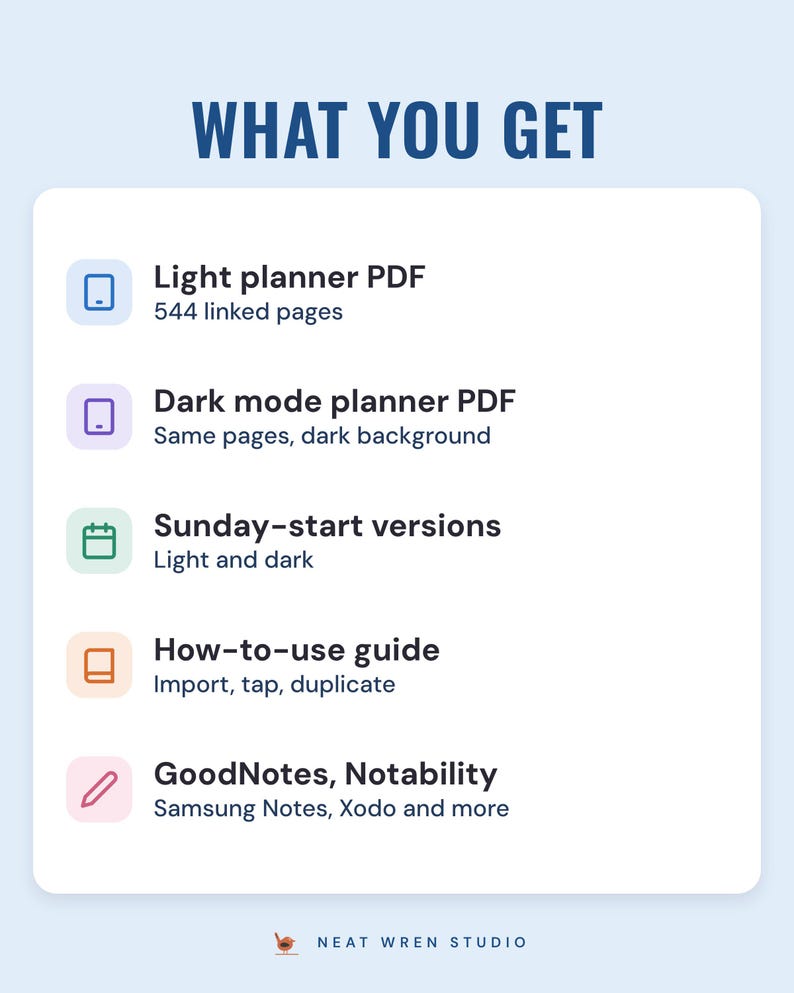 What you get: light planner PDF, dark mode planner PDF, Sunday-start versions, a how-to-use guide, for GoodNotes, Notability, Samsung Notes and Xodo.
