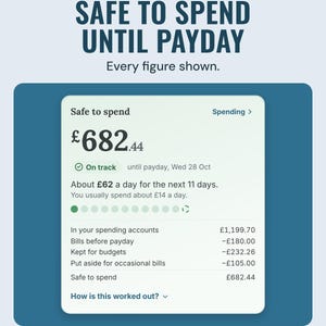 The app's Safe to spend card showing £682.44, on track until payday, with every figure listed below, under the headline Safe to spend until payday.