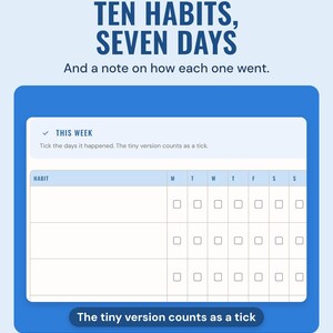 The weekly habit grid with a tick box for each day, under the headline Ten habits, seven days, with a note: the tiny version counts as a tick.