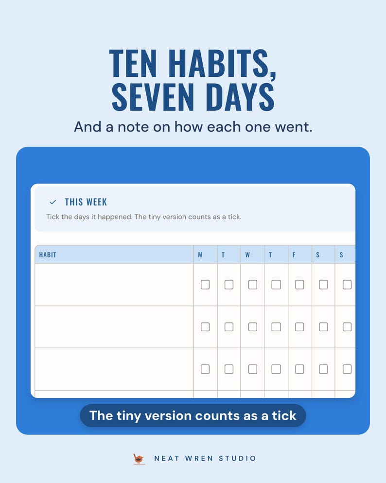 The weekly habit grid with a tick box for each day, under the headline Ten habits, seven days, with a note: the tiny version counts as a tick.