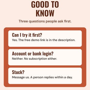 Questions and answers about Neat Wren Studio apps: trying the free demo first, no account or bank login, and help within a day.