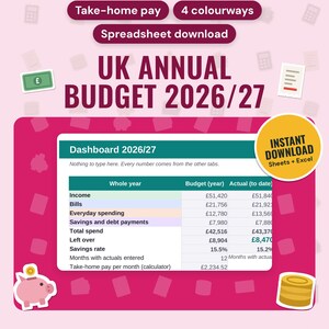 UK Budget Spreadsheet 2026/27: main listing photo showing the product with an 'Instant download' badge and flat banknote, receipt, piggy bank and coins icons. Digital product from Neat Wren Studio.