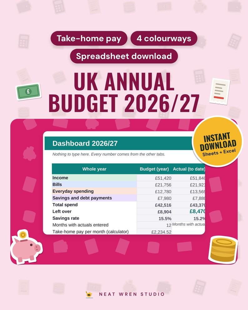 UK Budget Spreadsheet 2026/27: main listing photo showing the product with an 'Instant download' badge and flat banknote, receipt, piggy bank and coins icons. Digital product from Neat Wren Studio.