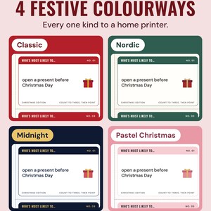 The same who's most likely to card in four colourways, Classic, Nordic, Midnight and Pastel Christmas, under the headline 4 festive colourways.
