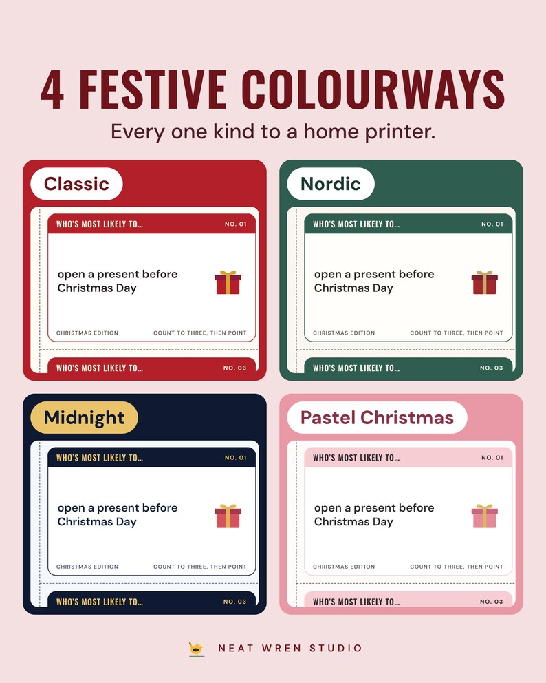 The same who's most likely to card in four colourways, Classic, Nordic, Midnight and Pastel Christmas, under the headline 4 festive colourways.