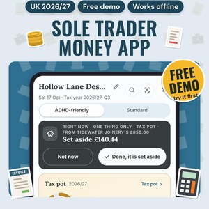 Sole Trader Money App UK 2026/27 | Self Assessment Expenses, Tax Pot, Mileage, Invoices, MTD Quarterly Totals, Works Offline, Free Demo