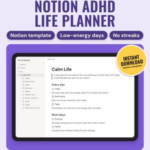 Notion ADHD Life Planner Template | Today Dashboard, Brain Dump, Tasks by Energy, Routines, Habit Tracker With No Streaks, Weekly Reset