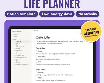 Notion ADHD Life Planner Template | Today Dashboard, Brain Dump, Tasks by Energy, Routines, Habit Tracker With No Streaks, Weekly Reset