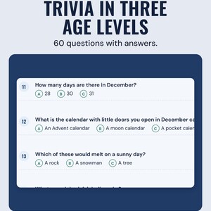 Kids trivia questions with A, B and C answer choices, under the headline Trivia in three age levels, and the line 60 questions with answers.
