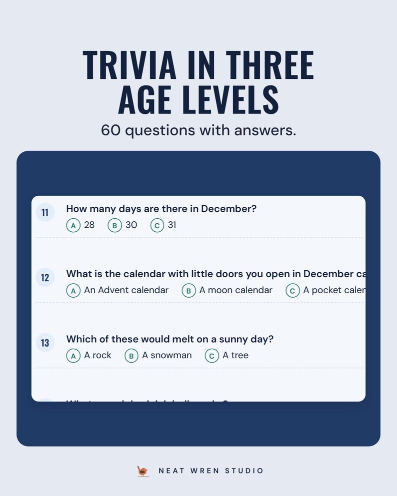 Kids trivia questions with A, B and C answer choices, under the headline Trivia in three age levels, and the line 60 questions with answers.