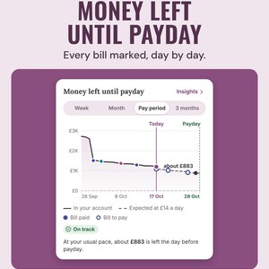The app's money left until payday chart with each bill marked and about £883 left the day before payday, under the headline Money left until payday.