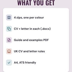 A white card under the headline What you get: 4 zips, one per colour; CV + letter in each (.docx); guide and examples PDF; UK CV and letter rules; and A4, ATS friendly.