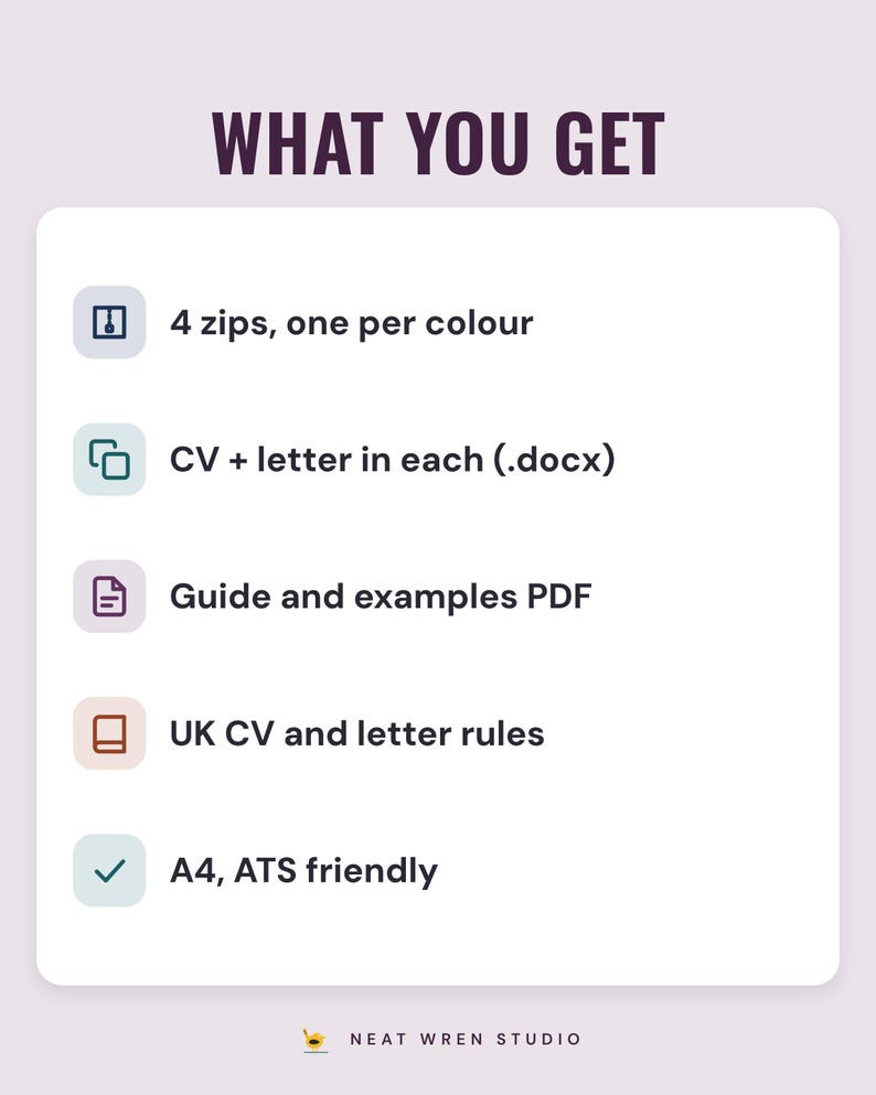 A white card under the headline What you get: 4 zips, one per colour; CV + letter in each (.docx); guide and examples PDF; UK CV and letter rules; and A4, ATS friendly.