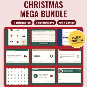 A grid of nine Christmas game pages, from picture bingo to gift tags, under the headline Christmas mega bundle, with chips for 14 printables, 4 colourways and A4 plus Letter.