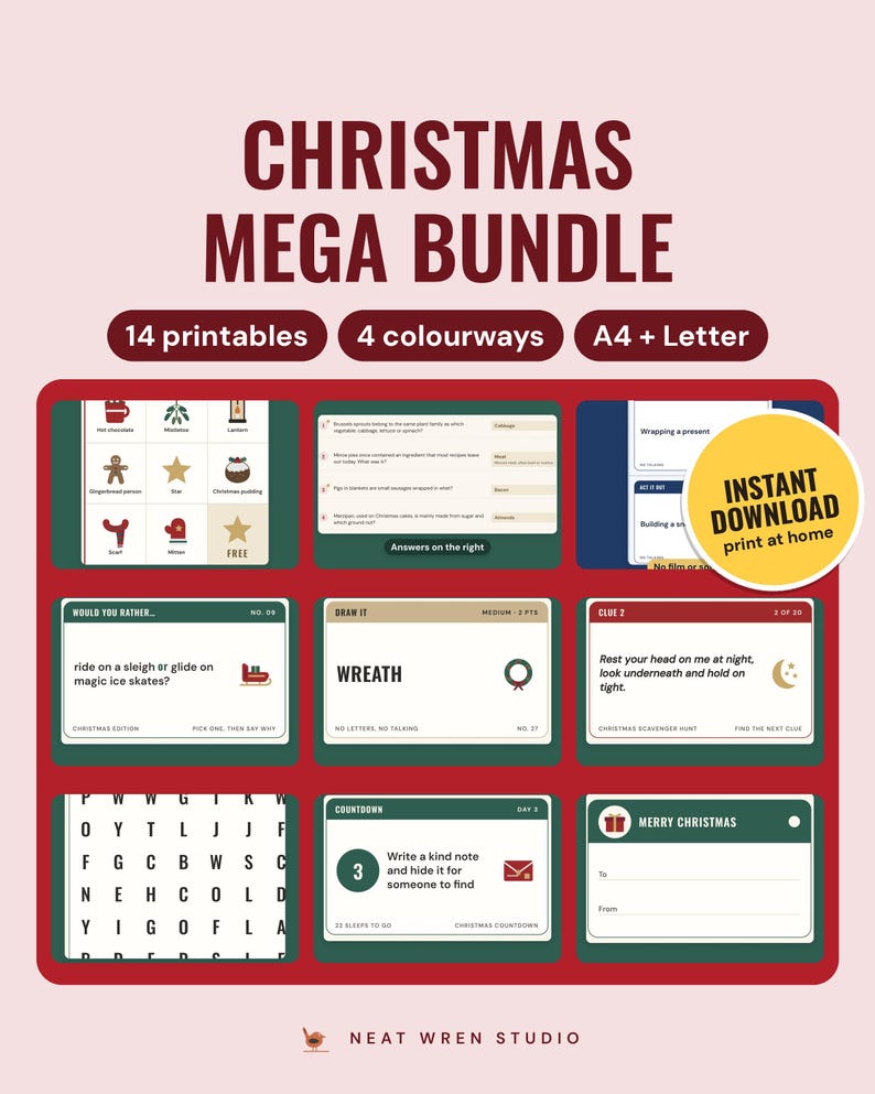 A grid of nine Christmas game pages, from picture bingo to gift tags, under the headline Christmas mega bundle, with chips for 14 printables, 4 colourways and A4 plus Letter.