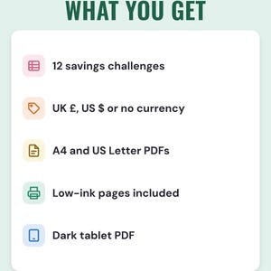 What you get: 12 savings challenges, UK pounds, US dollars or no currency, A4 and US Letter PDFs, low-ink pages and a Dark tablet PDF.