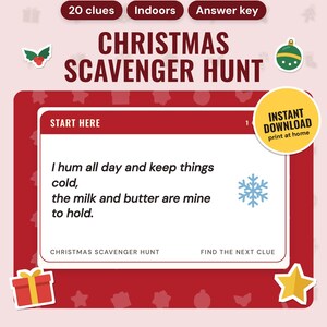 Christmas Scavenger Hunt Printable: main listing photo showing the product with an 'Instant download' badge and flat holly, bauble, present and star icons. Digital product from Neat Wren Studio.