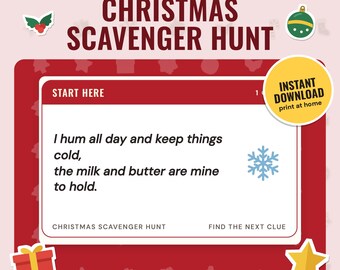 Christmas Scavenger Hunt Printable, Indoor Treasure Hunt for Kids | 20 Rhyming Clue Cards, Picture Hunt, Answer Key | A4 + US Letter