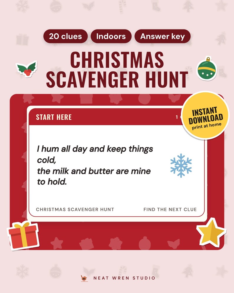 Christmas Scavenger Hunt Printable: main listing photo showing the product with an 'Instant download' badge and flat holly, bauble, present and star icons. Digital product from Neat Wren Studio.