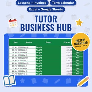 Tutor Business Spreadsheet UK | Lesson Tracker, Parent Invoices, Lesson Packages, Term Calendar, Tax Set-Aside (Google Sheets & Excel)