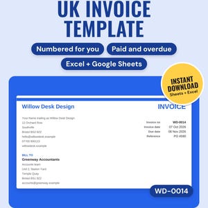 UK Invoice Template and Tracker: main listing photo showing the product with an 'Instant download' badge. Digital product from Neat Wren Studio.