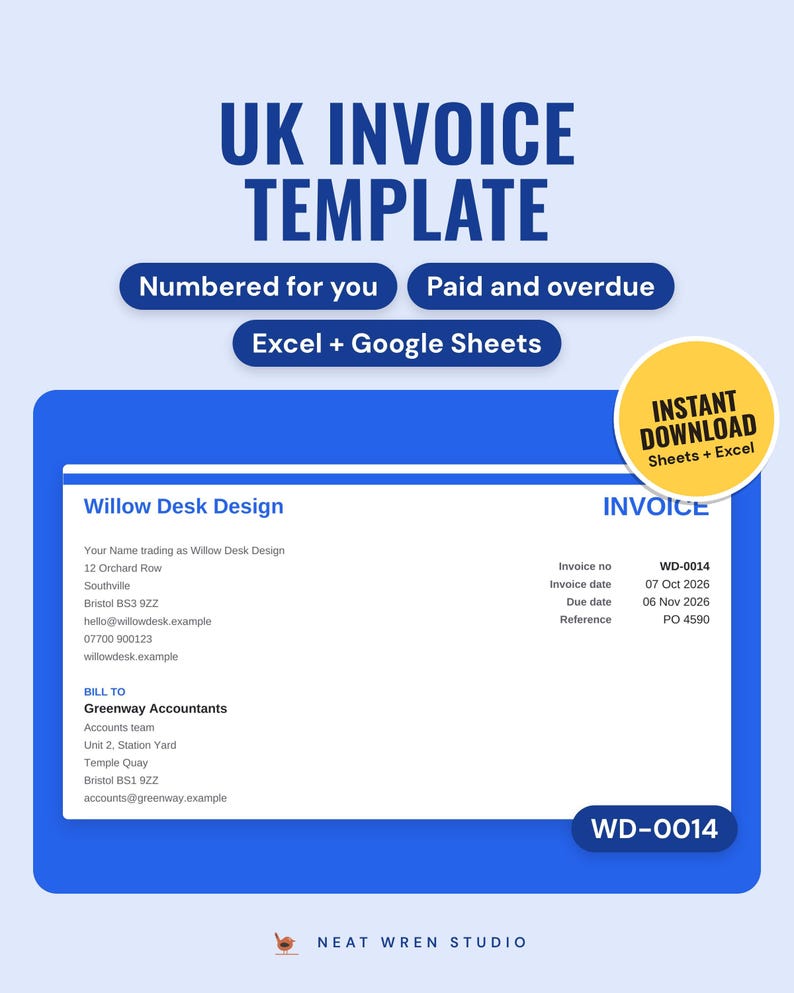 UK Invoice Template and Tracker: main listing photo showing the product with an 'Instant download' badge. Digital product from Neat Wren Studio.