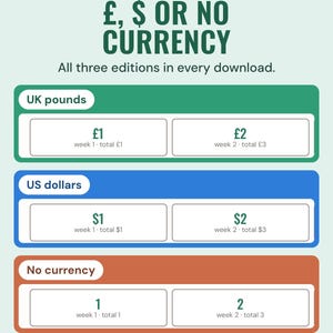 The same 52-week squares in three editions: UK pounds, US dollars and no currency.