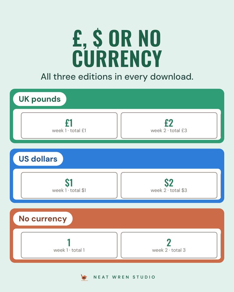 The same 52-week squares in three editions: UK pounds, US dollars and no currency.