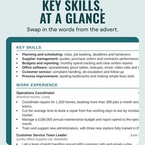 The key skills section of the example CV, such as planning and scheduling and supplier management, under the headline Key skills, at a glance.