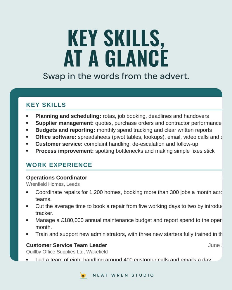 The key skills section of the example CV, such as planning and scheduling and supplier management, under the headline Key skills, at a glance.
