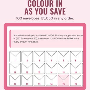 The 100 envelope challenge page in the Bright colourway: numbered envelope shapes to colour in, 5,050 pounds in any order.