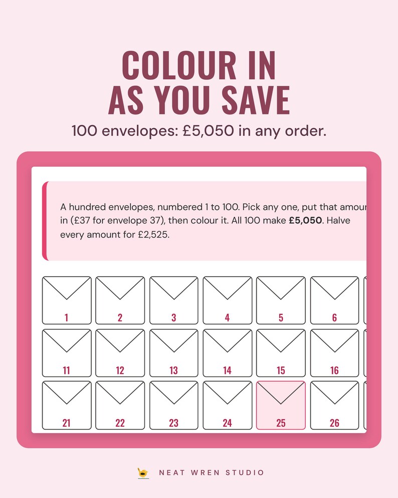 The 100 envelope challenge page in the Bright colourway: numbered envelope shapes to colour in, 5,050 pounds in any order.