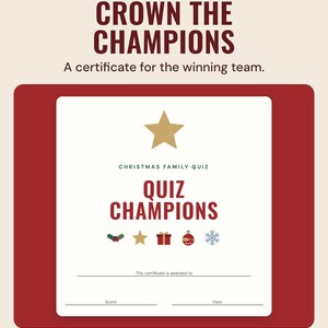 A Quiz Champions certificate with a gold star, under the headline Crown the champions, and the line A certificate for the winning team.