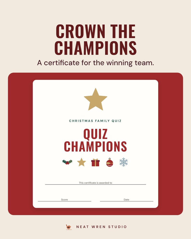 A Quiz Champions certificate with a gold star, under the headline Crown the champions, and the line A certificate for the winning team.