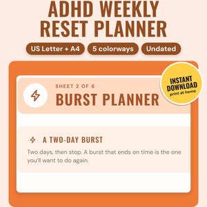 ADHD Planner Printable US Letter: main listing photo showing the product with an 'Instant download' badge. Digital product from Neat Wren Studio.