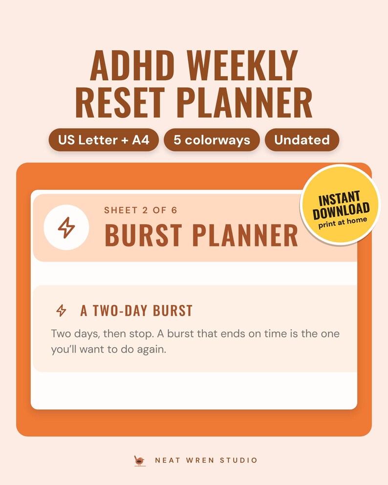 ADHD Planner Printable US Letter: main listing photo showing the product with an 'Instant download' badge. Digital product from Neat Wren Studio.