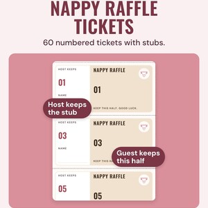 Numbered nappy raffle tickets in Blush, each with a stub the host keeps and a half the guest keeps.