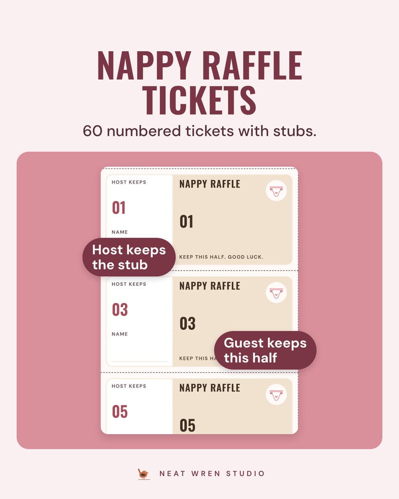 Numbered nappy raffle tickets in Blush, each with a stub the host keeps and a half the guest keeps.