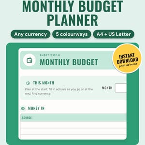 Monthly Budget Planner Printable: main listing photo showing the product with an 'Instant download' badge. Digital product from Neat Wren Studio.
