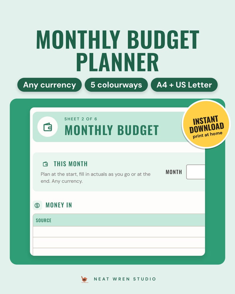 Monthly Budget Planner Printable: main listing photo showing the product with an 'Instant download' badge. Digital product from Neat Wren Studio.
