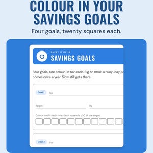 The savings goals page with twenty squares to colour in for each goal, under the headline Colour in your savings goals, and the line Four goals, twenty squares each.