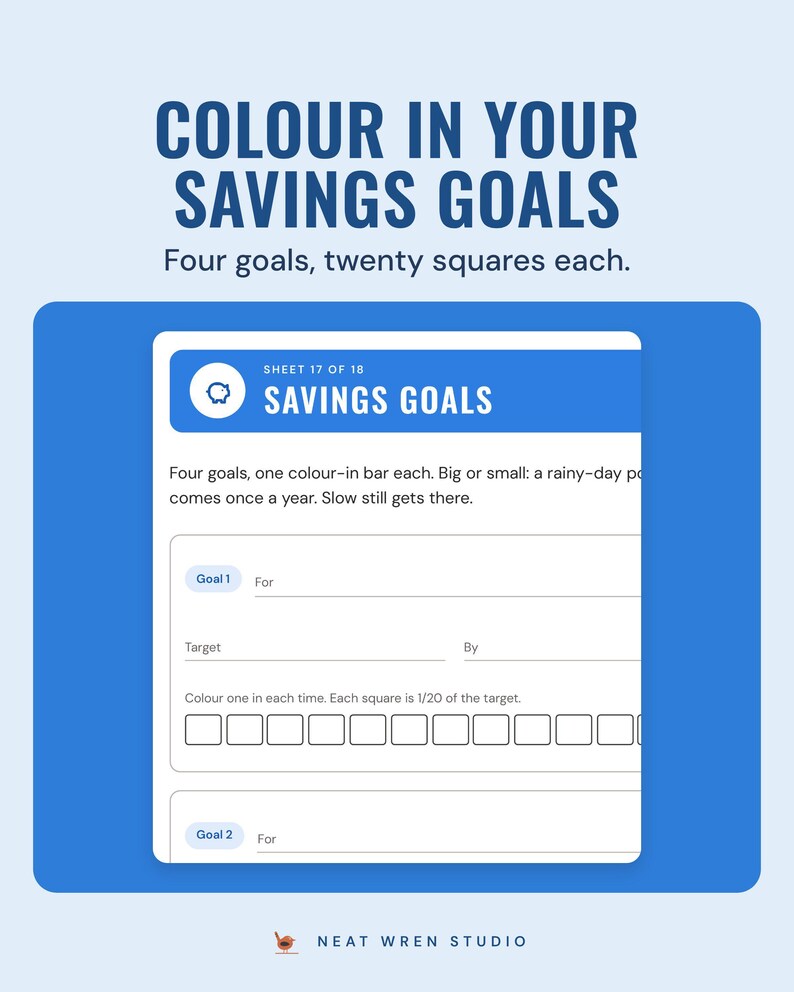 The savings goals page with twenty squares to colour in for each goal, under the headline Colour in your savings goals, and the line Four goals, twenty squares each.