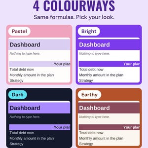The debt payoff dashboard in four colourways, Pastel, Bright, Dark and Earthy, under the headline 4 colourways, and the line Same formulas. Pick your look.