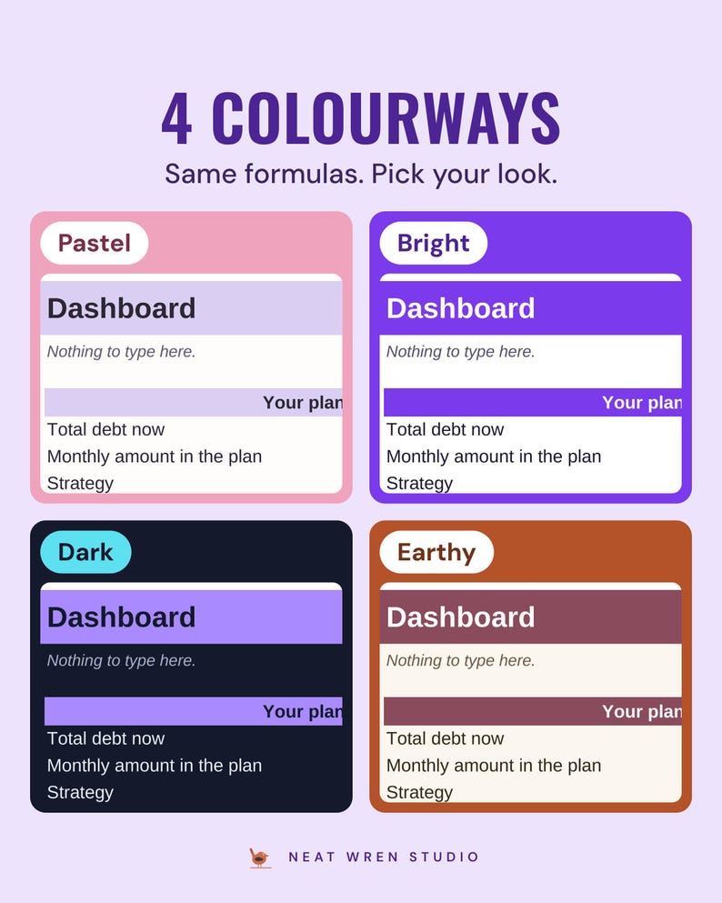The debt payoff dashboard in four colourways, Pastel, Bright, Dark and Earthy, under the headline 4 colourways, and the line Same formulas. Pick your look.
