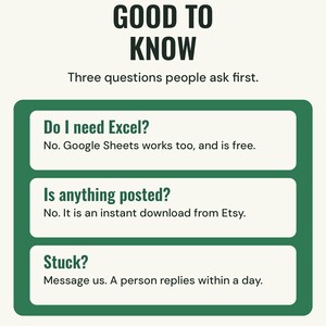 Good to know: you do not need Excel because Google Sheets works too, nothing is posted because it is an instant download, and a person replies to messages within a day.