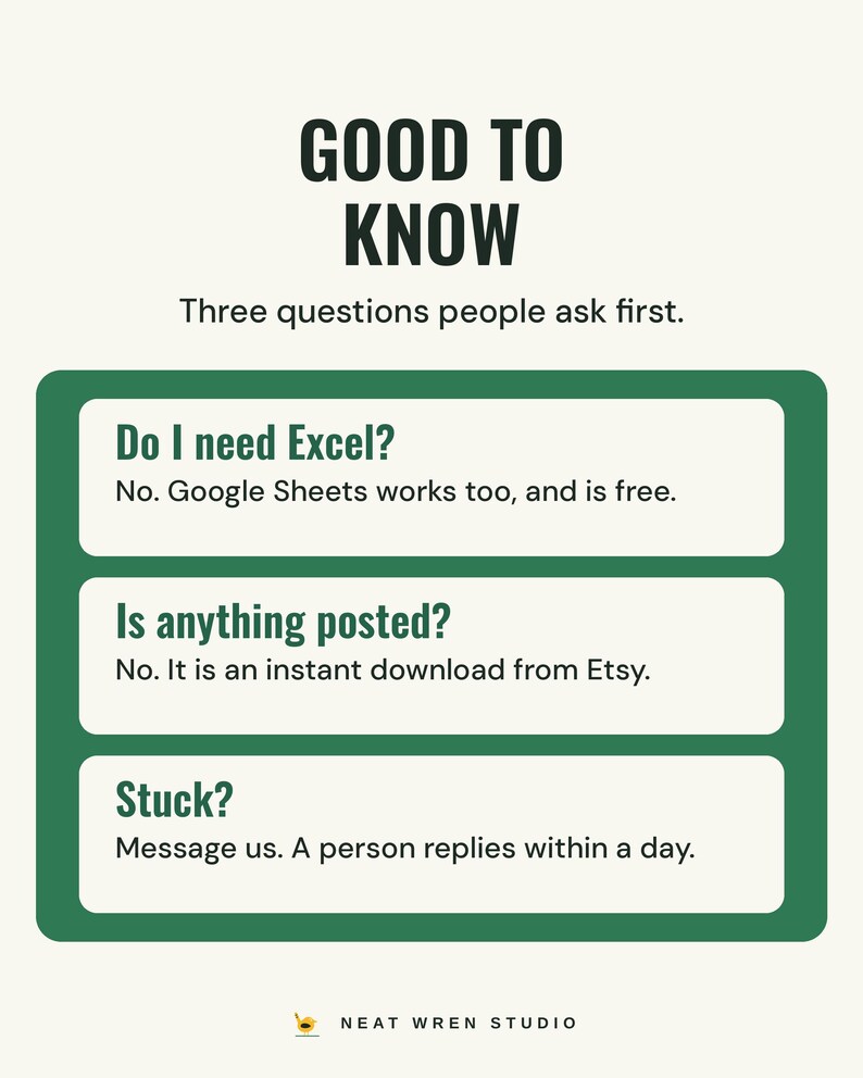 Good to know: you do not need Excel because Google Sheets works too, nothing is posted because it is an instant download, and a person replies to messages within a day.