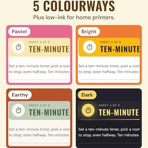 The ten-minute sheet in four colourways, Pastel, Bright, Earthy and Dark, under the headline 5 colourways, plus low-ink for home printers.